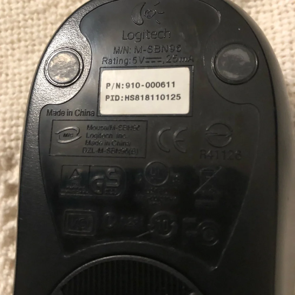 Logitech Wired Mouse M-SBN96 with Connector Rating 5V P/N 910-000611